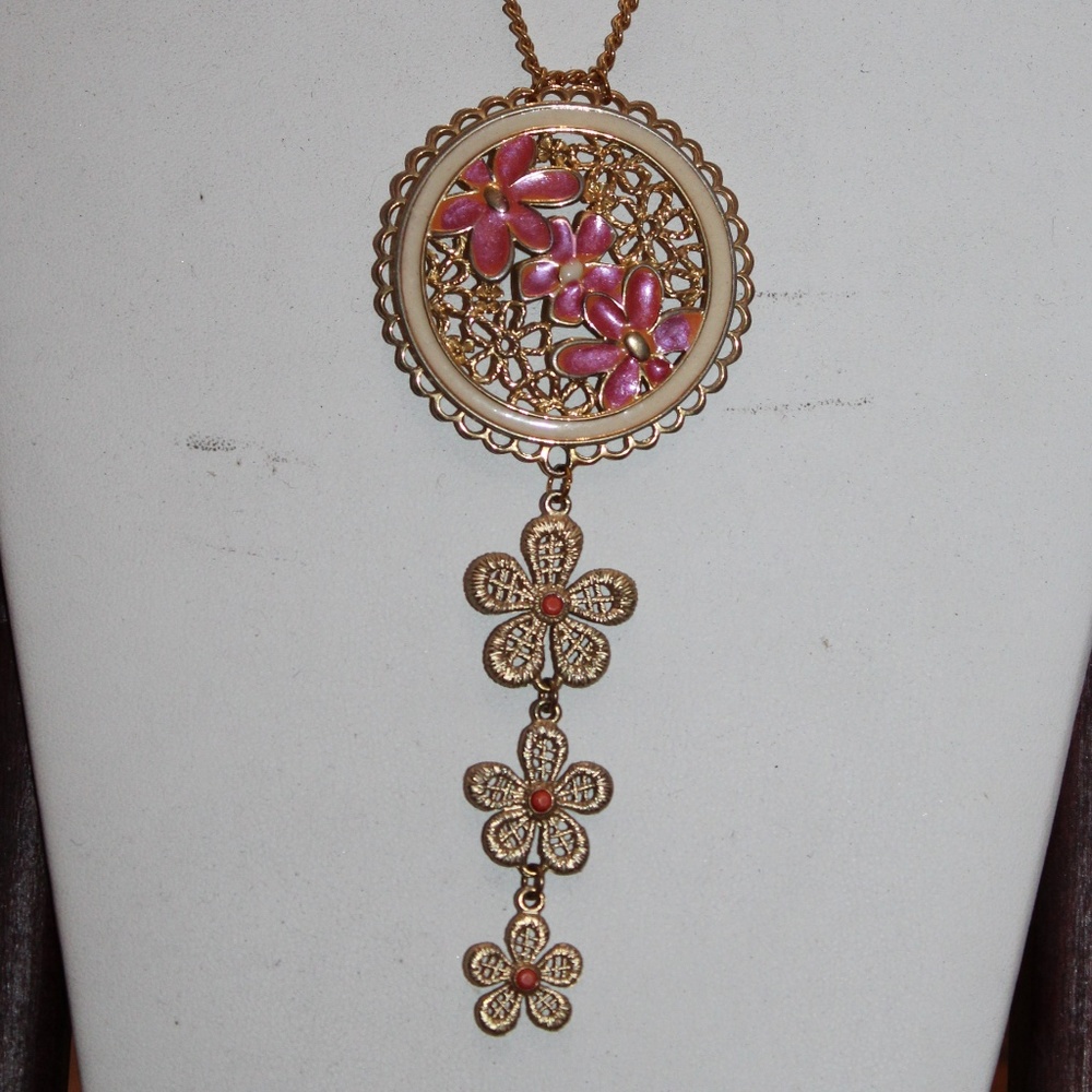 statement necklace in pink and peach floral